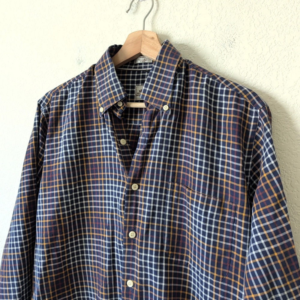 Peter Millar Mens Medium Plaid Button Down Shirt Navy Blue Orange 100% Cotton